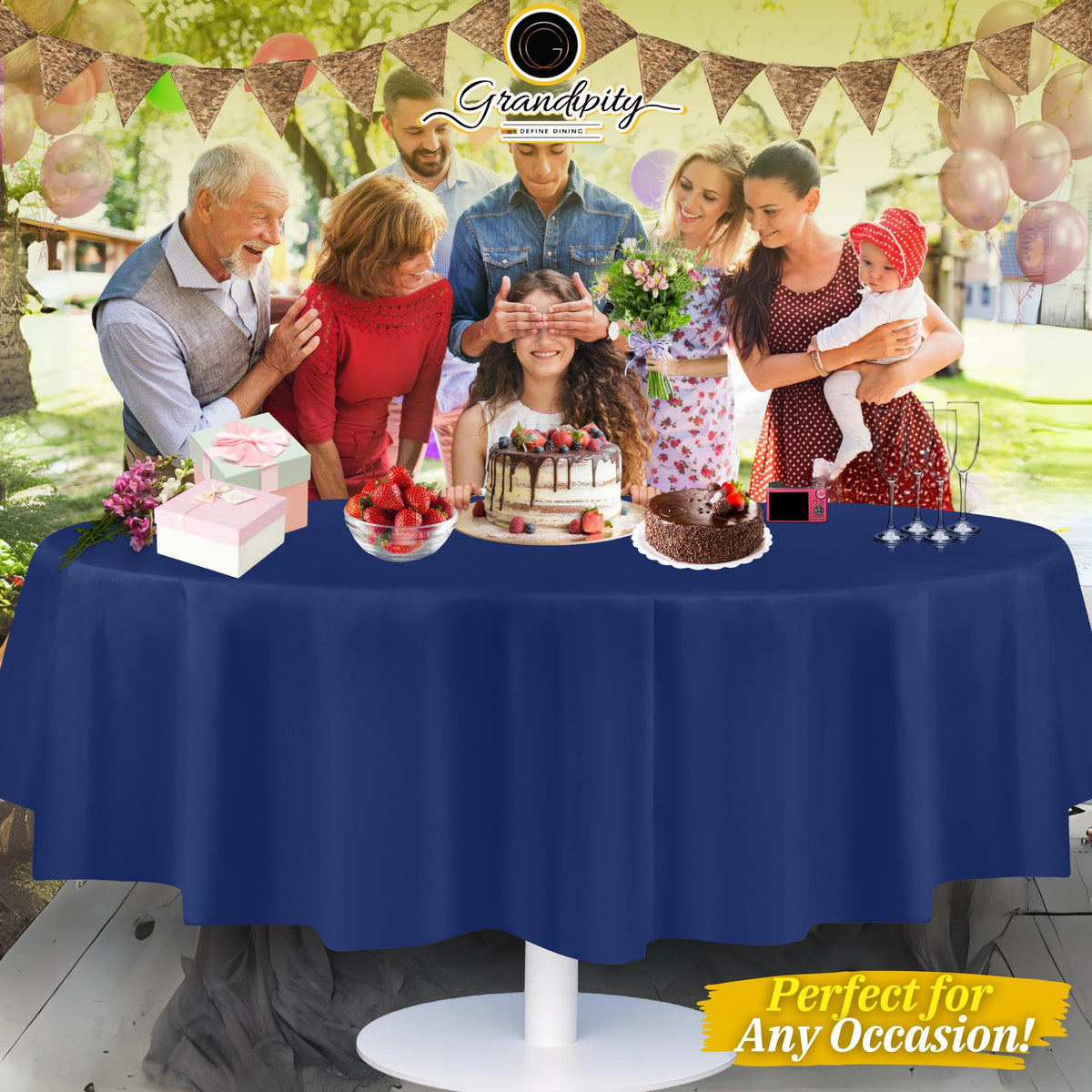 Grandipity navy blue tablecloth makes cleanup simple after events