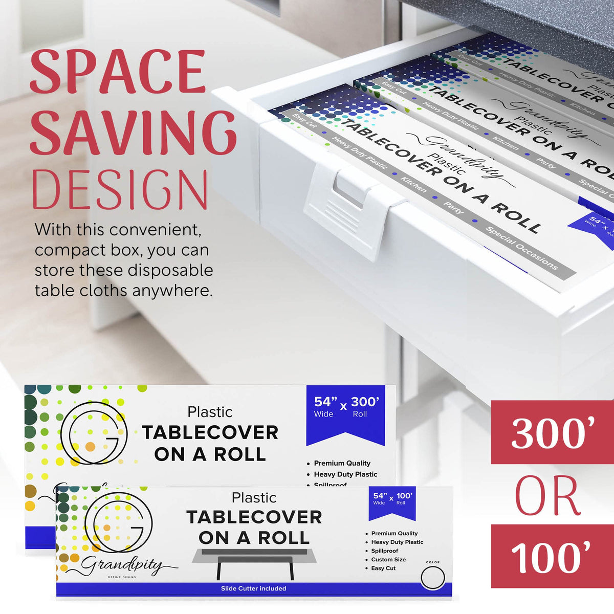 Compact folded Grandipity tablecloth roll ready to store