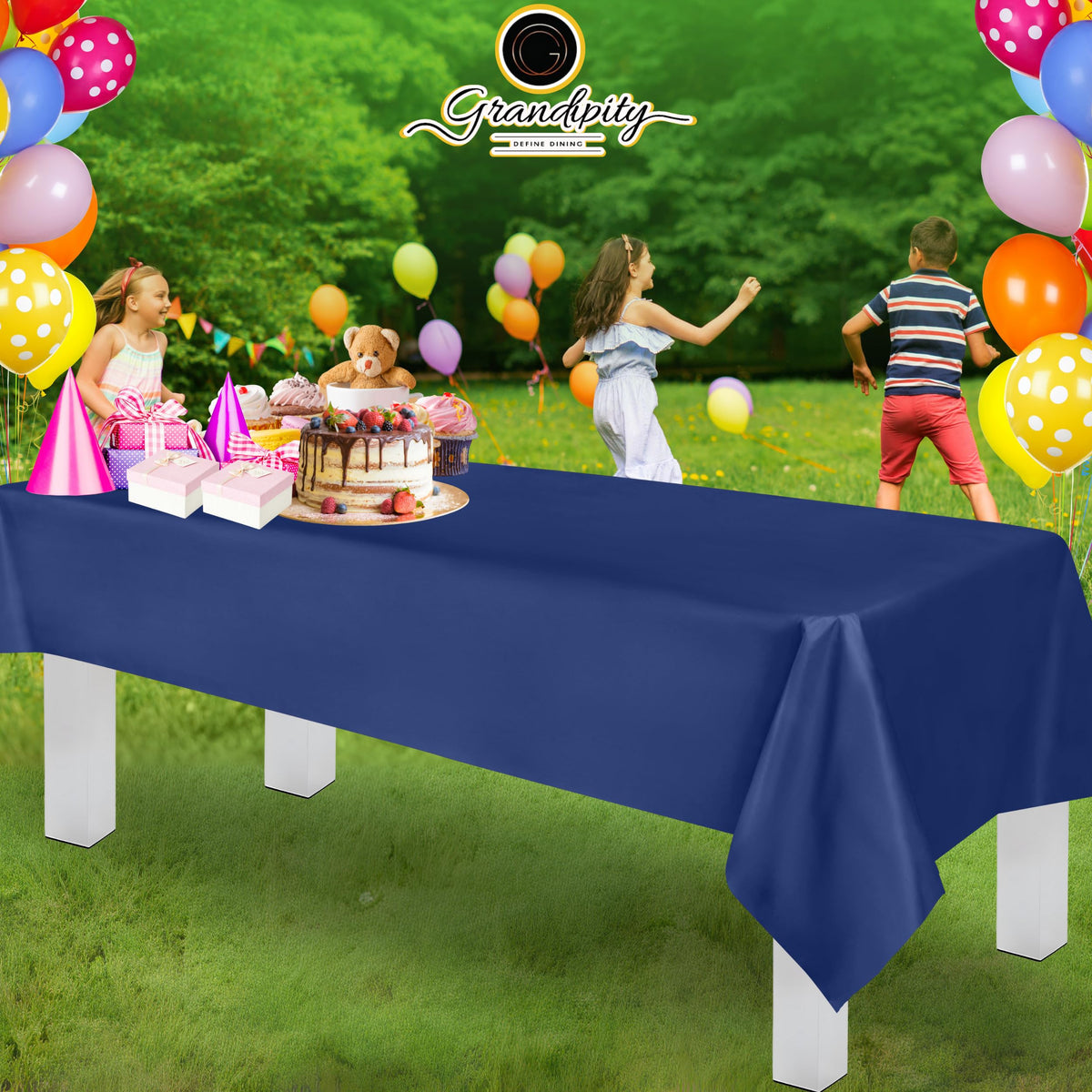 Grandipity navy-blue tablecloth for easy cleanup and storage