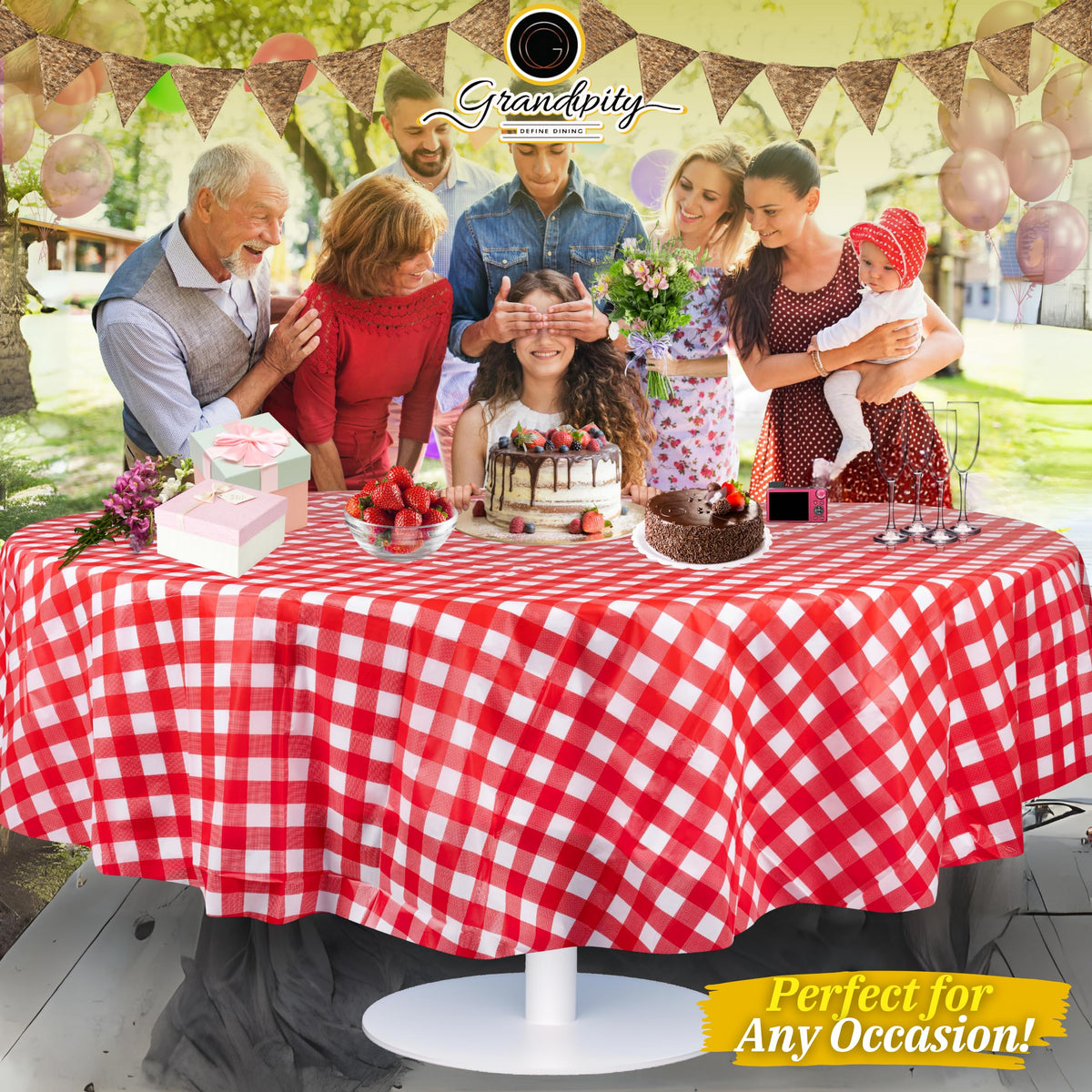 Grandipity round tablecloth rolls up neatly for storage and portability