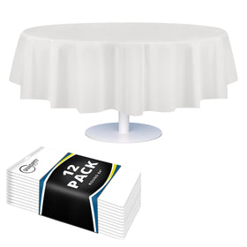 Grandipity round white 84inch tablecloth covering a round table for an elegant event