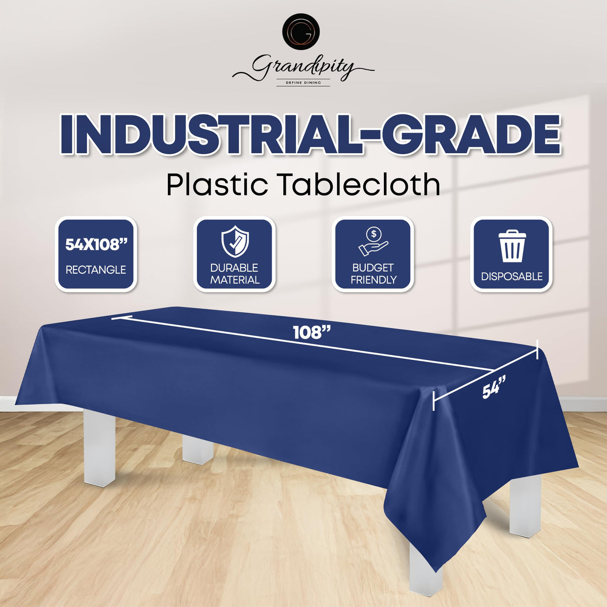 Grandipity navy tablecloth on a dining table creates a clean, elegant look and protection