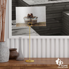 Gray Bunny table-top menu holder with harp-clip in gold for clear event menus.