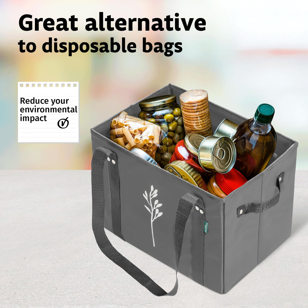 Green Bulldog reinforced-bottom sturdy bag stands upright during packing