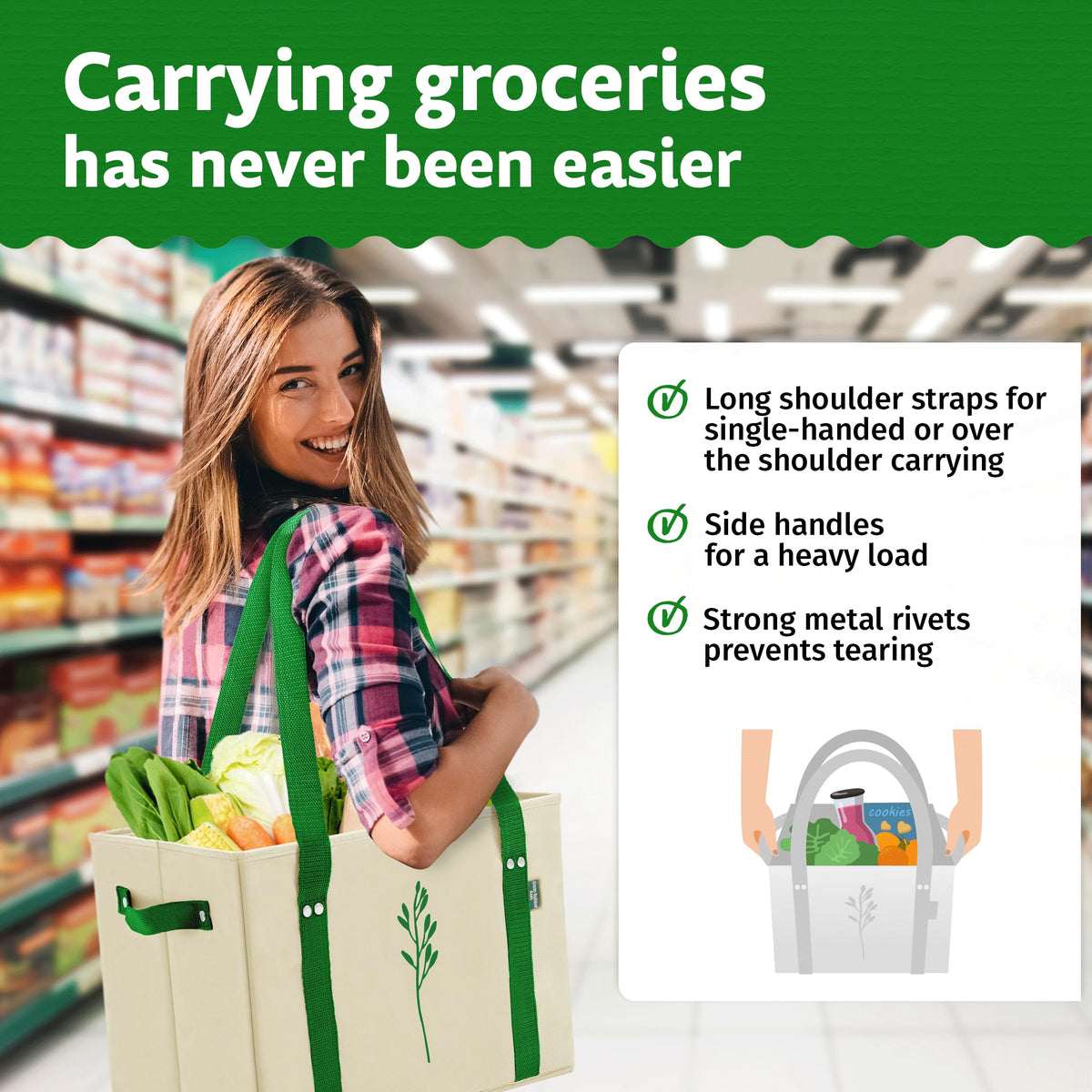 Green Bulldog reinforced-bottom tote keeps items upright while loading