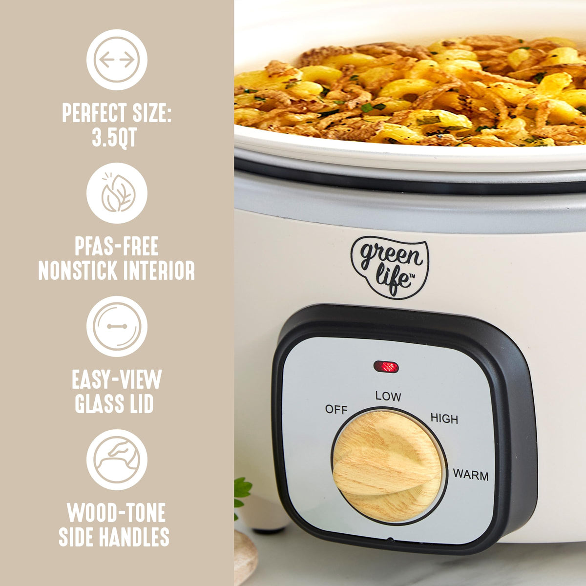 GreenLife clear glass lid lets you monitor progress without heat loss.