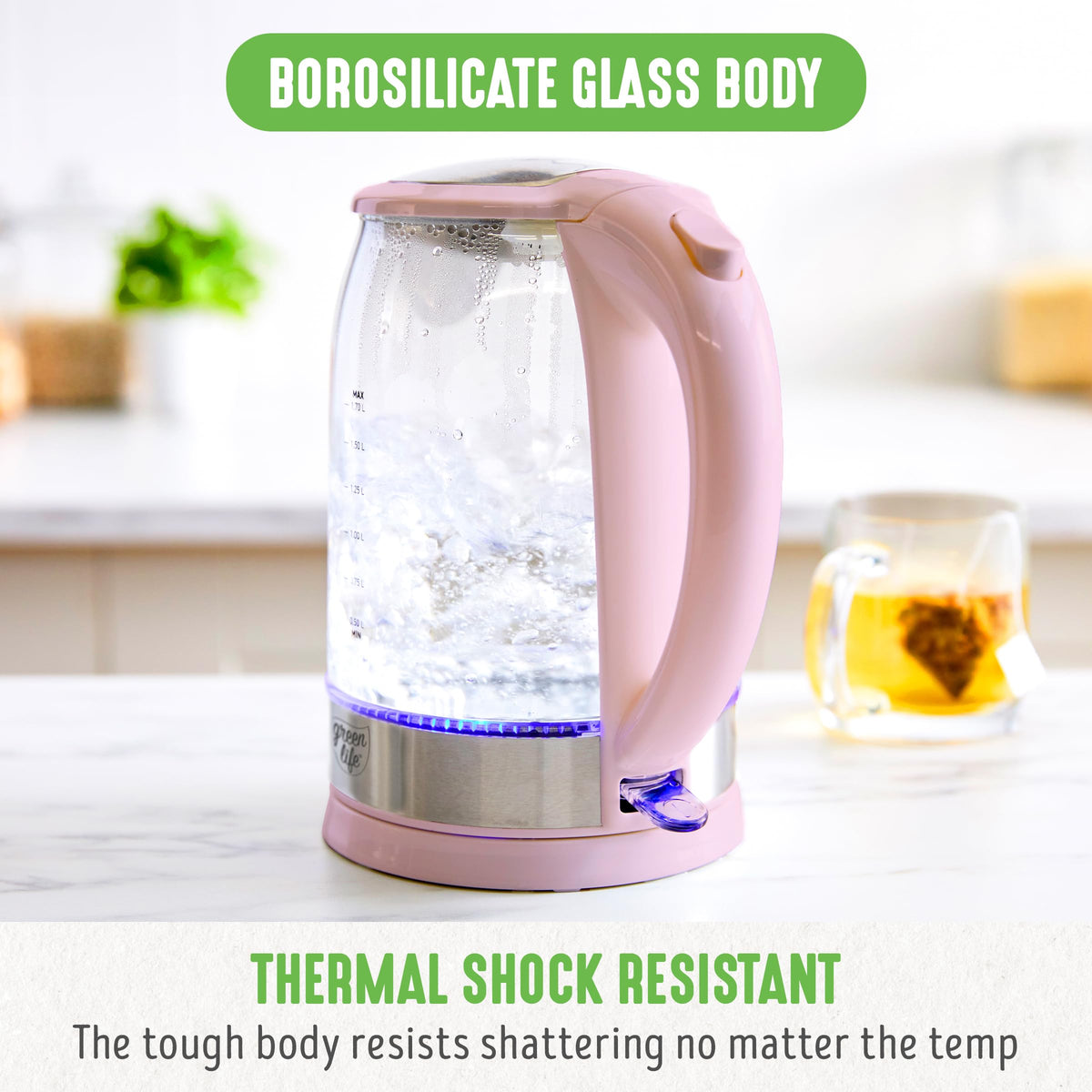 GreenLife filtered spout for clean, smooth pouring when brewing tea or coffee.