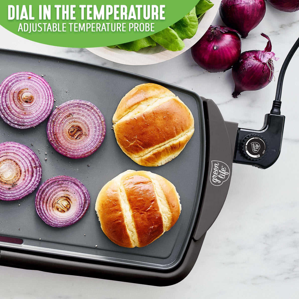 GreenLife removable drip tray for simple post-cook cleaning.