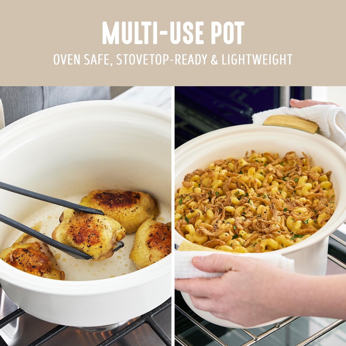 GreenLife stovetop and oven safe pot enables sear-and-slow cooking up to 400°F.