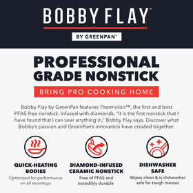 GreenPan Bobby Flay 4.52qt sauté pan with helper handle offers controlled tossing and searing.