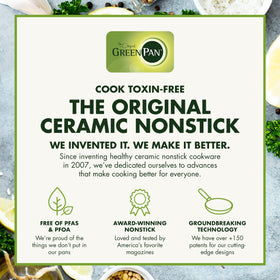 GreenPan Lima stainless-steel handle detail emphasizes durable grip for safe cooking.
