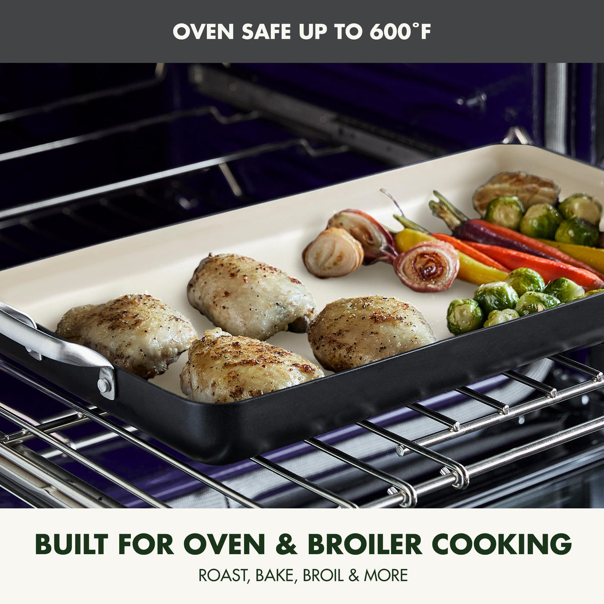 GreenPan griddle features stainless steel handles for a secure, comfortable grip.