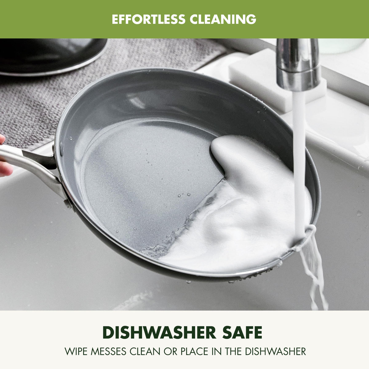 GreenPan Swift dishwasher-safe pan shown for quick, hassle-free cleanup