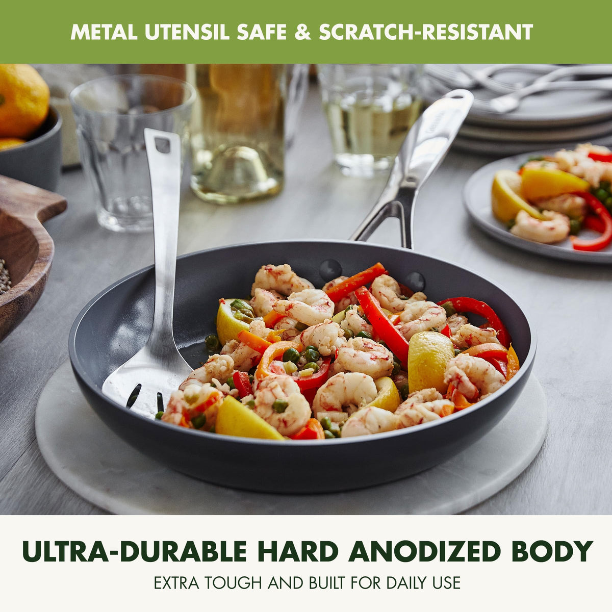 GreenPan Valencia Pro diamond-infused ceramic nonstick offers effortless food release.