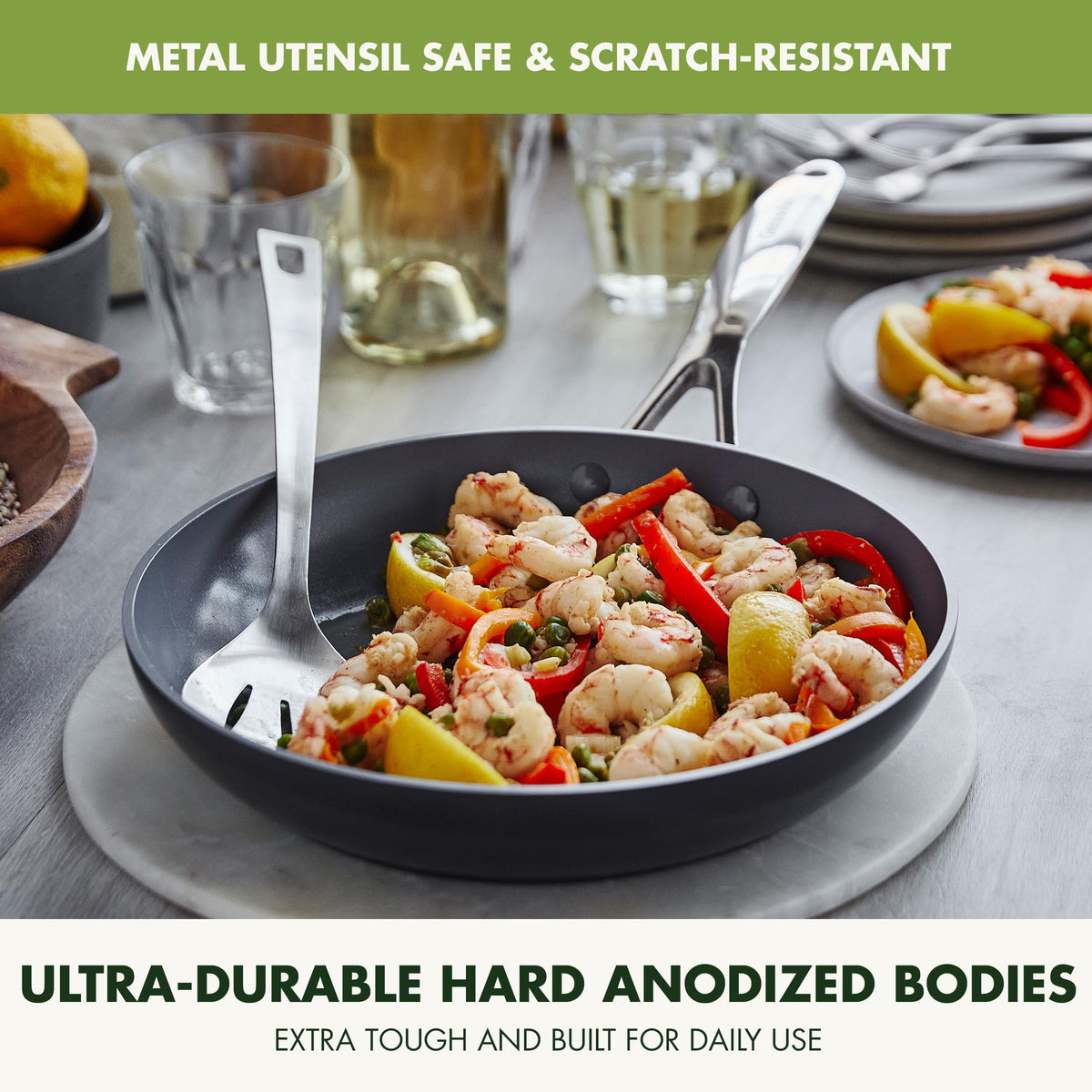 GreenPan Valencia Pro stainless steel handle stays cool during cooking tasks.