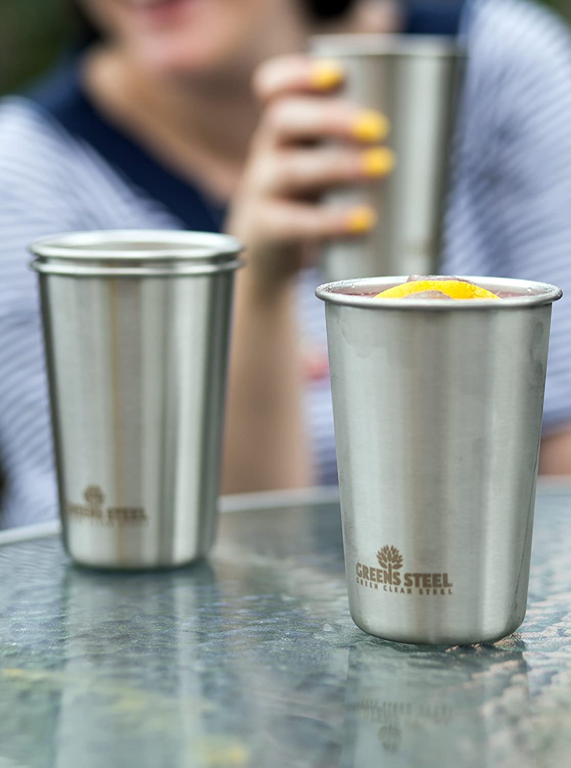 Greens Steel four-pack pint cups stacked for compact storage.