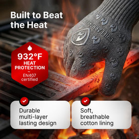 Grill Armor Gloves showcase aramid fabric for durable heat resistance and long-lasting use.