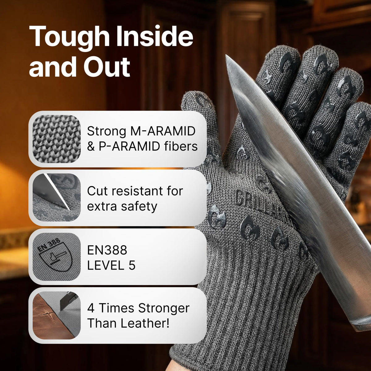 Grill Armor Gloves with textured silicone grip for a secure hold on pans and grills.