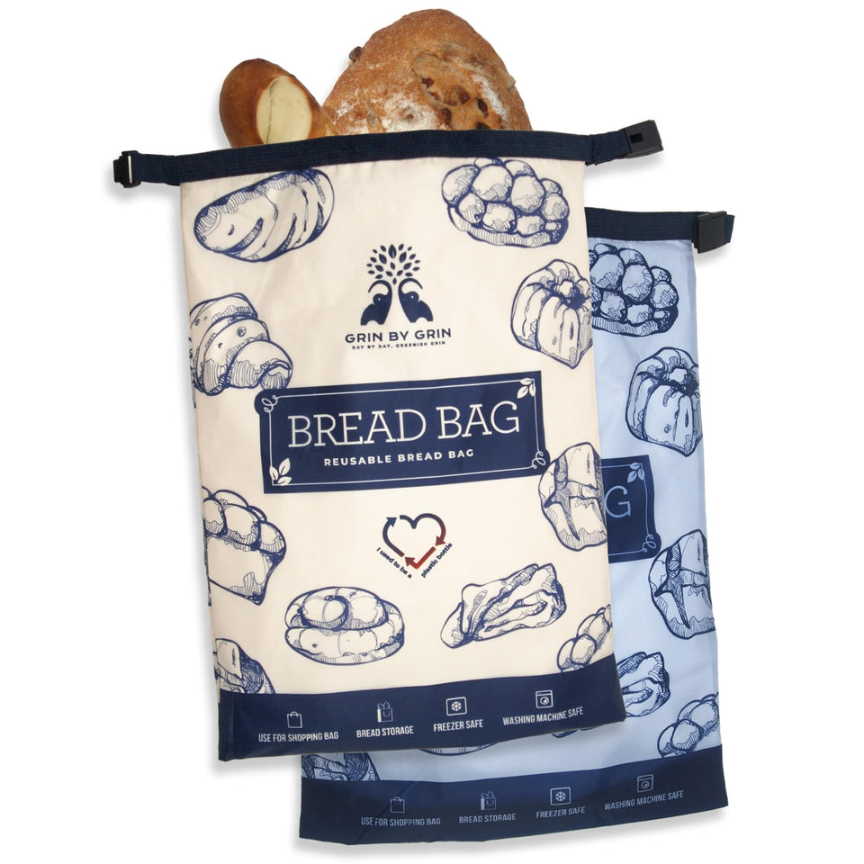 GRIN BY GRIN bread bags front view with two reusable bags for storage
