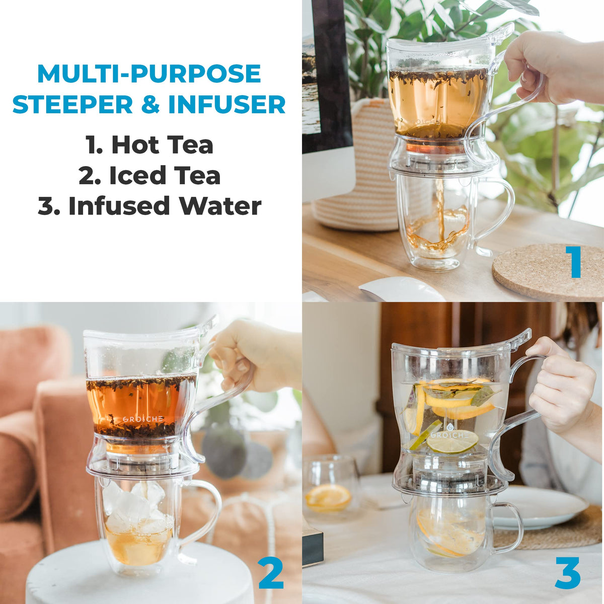 GROSCHE Aberdeen teapot shows crystal-clear Tritan body for durability.