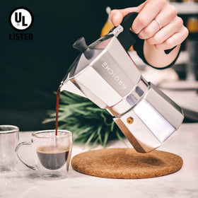 Milk frothing readiness with GROSCHE Milano moka pot for creamy drinks.