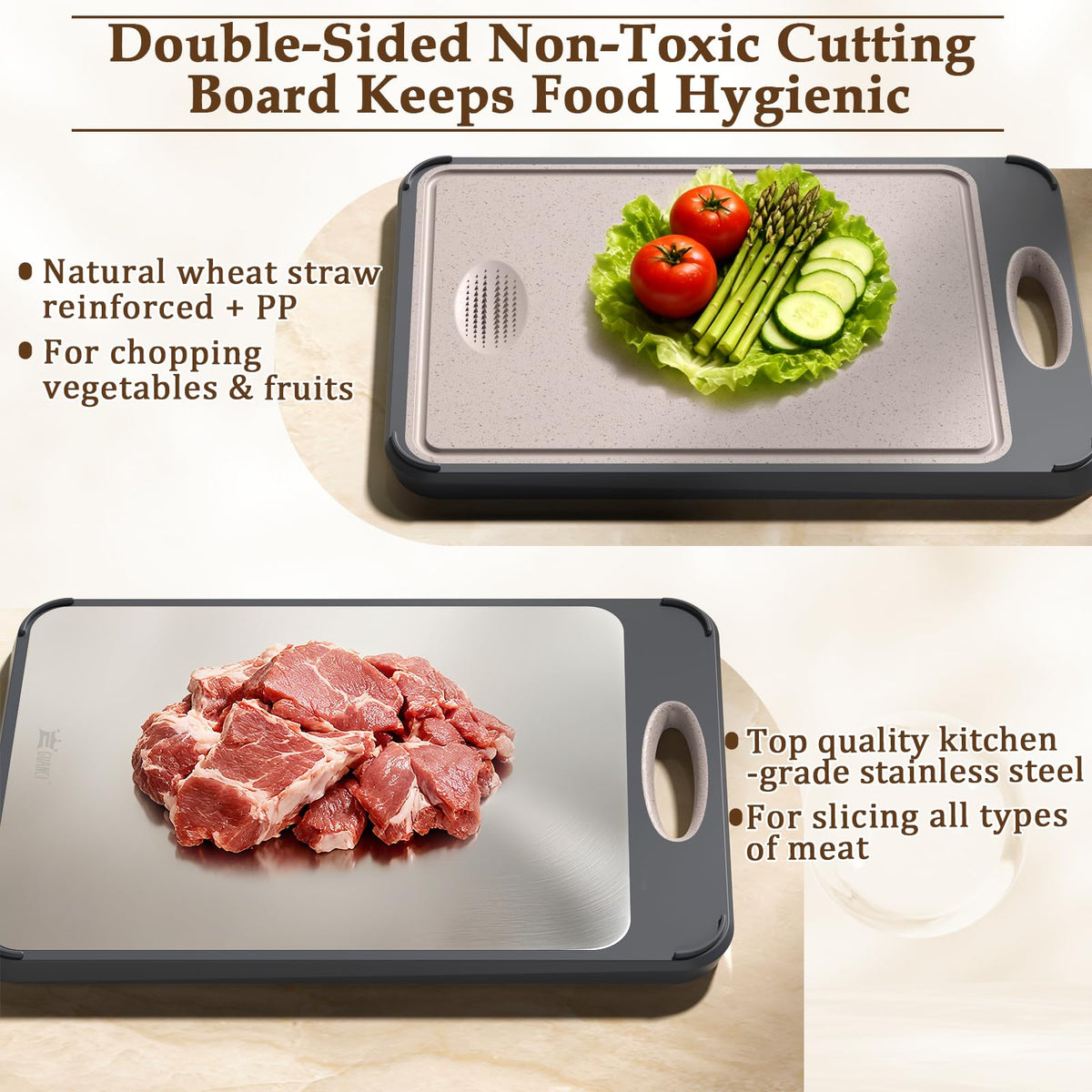 GUANCI wheat straw side cutting board for vegetables with a juice groove