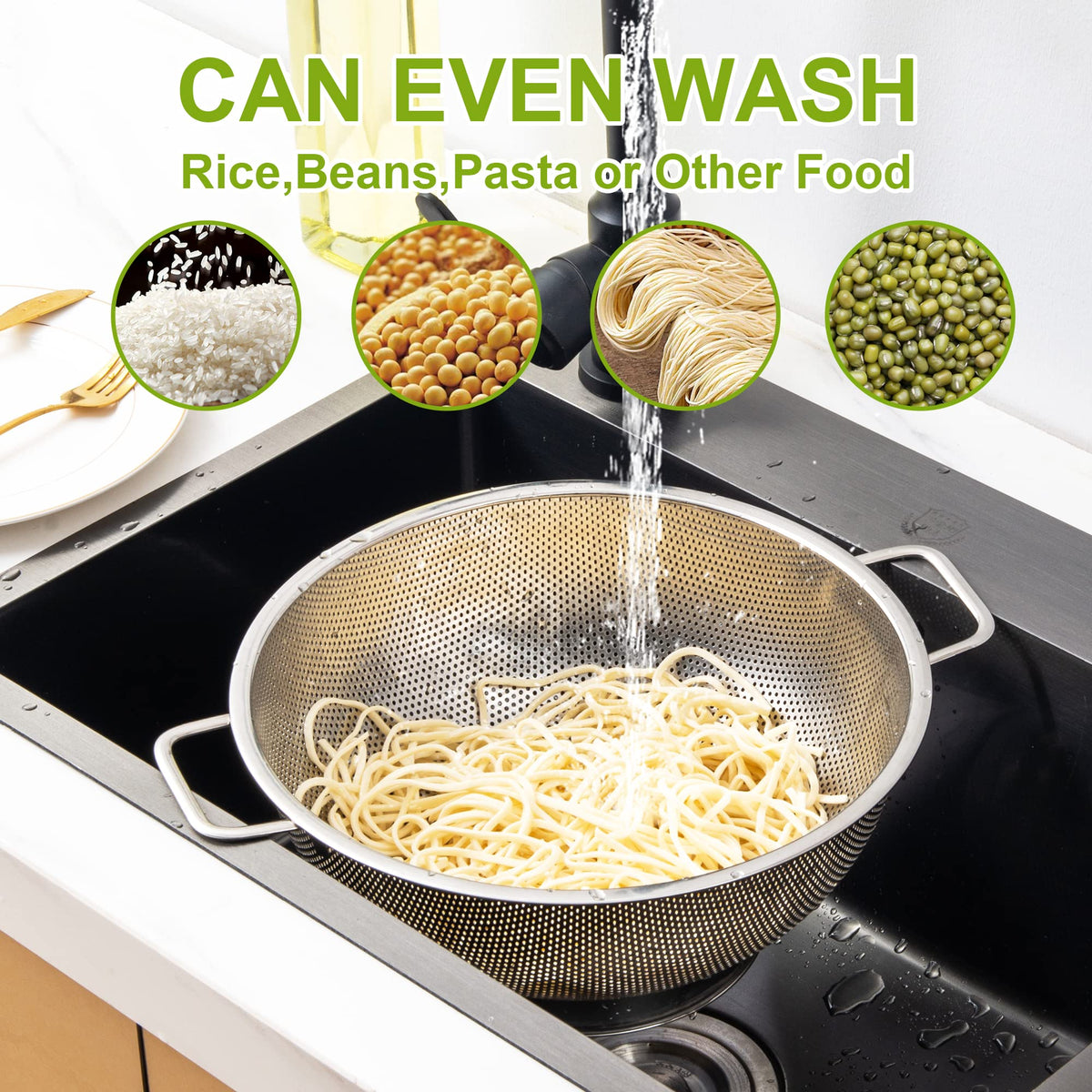 Gulex colander showcasing small-hole design for fast drainage and no pasta loss.