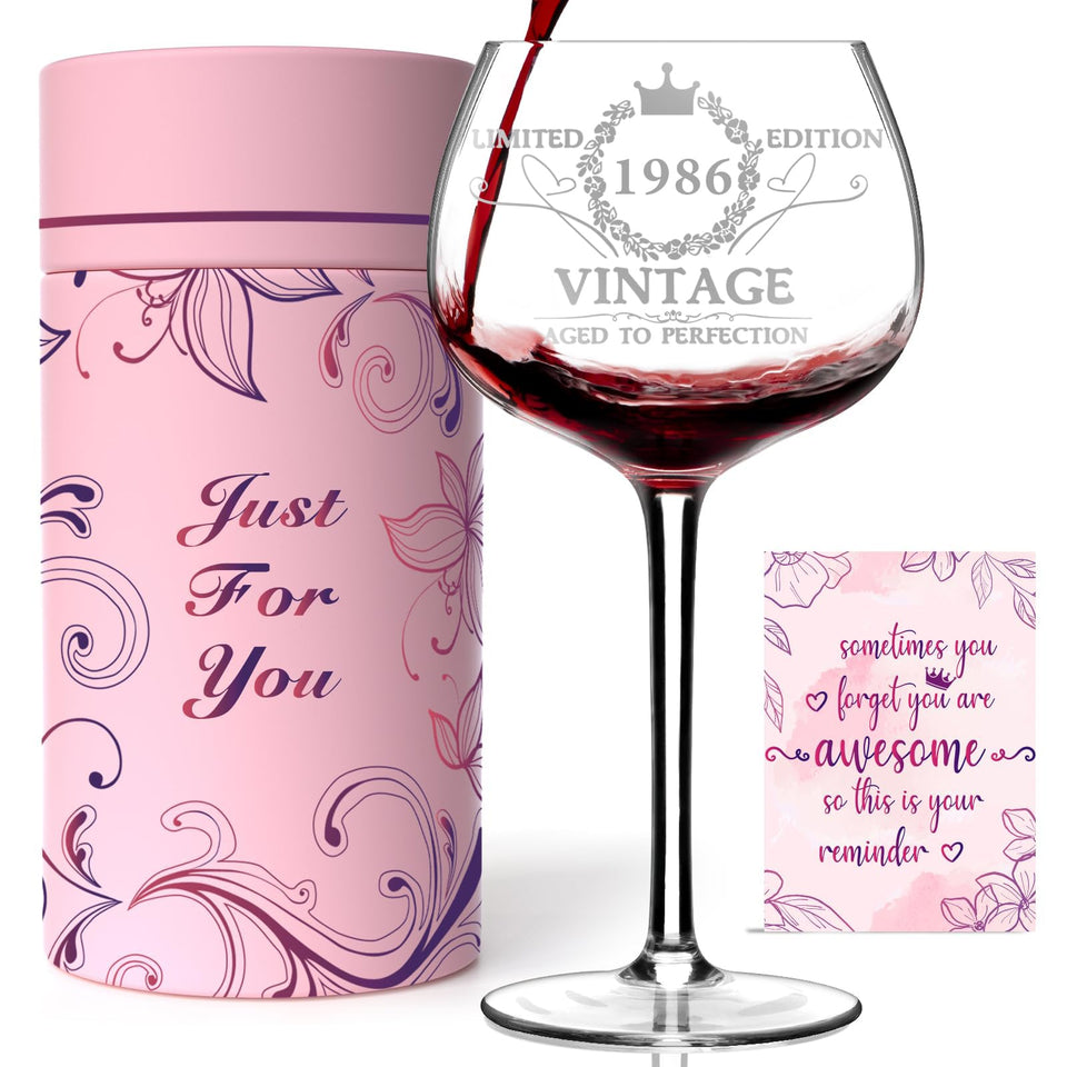 Gumry 40th birthday wine glass with vintage 1986 engraving for a memorable celebration.