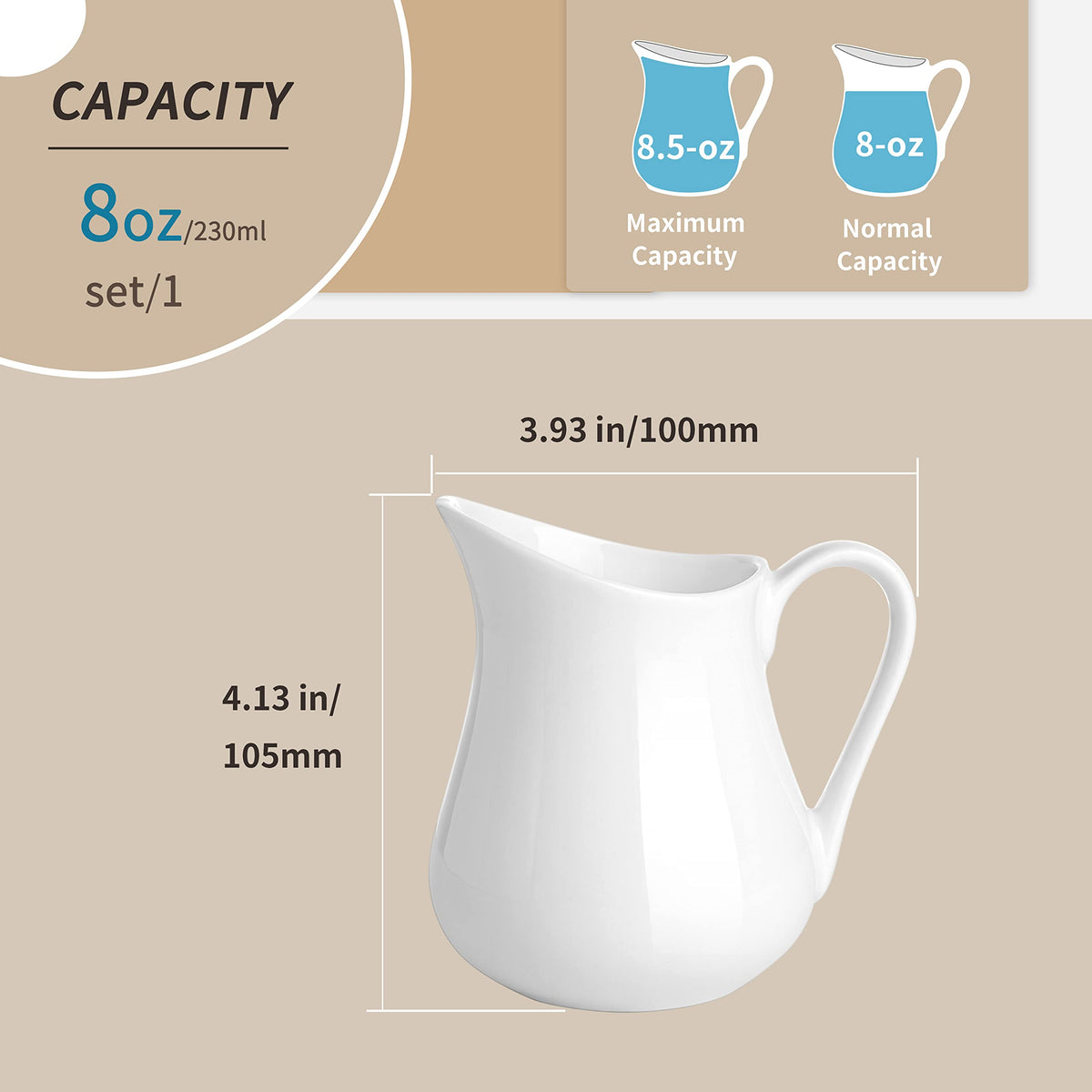 Gurygo porcelain white creamer front view showing classic design