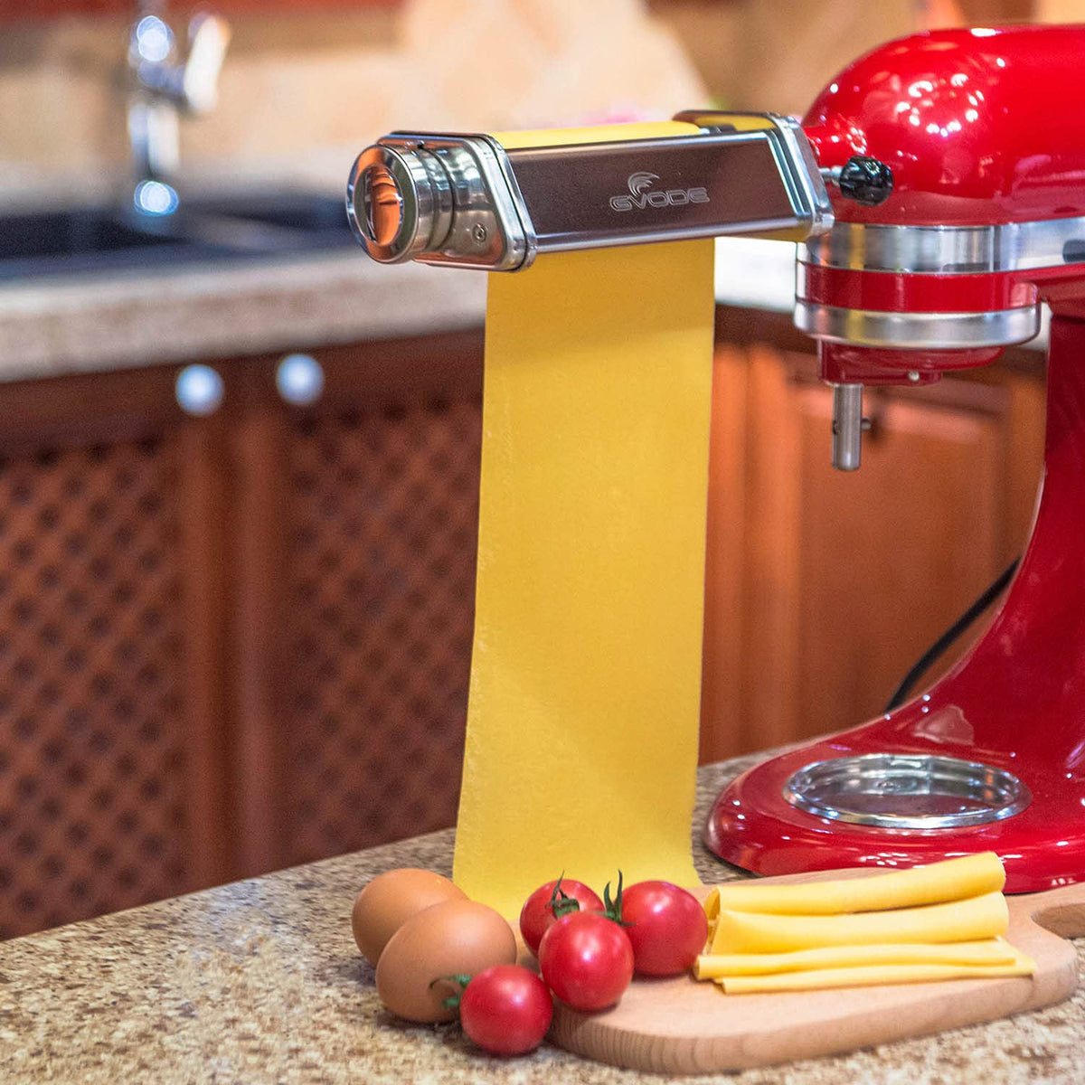 GVODE pasta roller attachment side view demonstrates compact design for KitchenAid compatibility