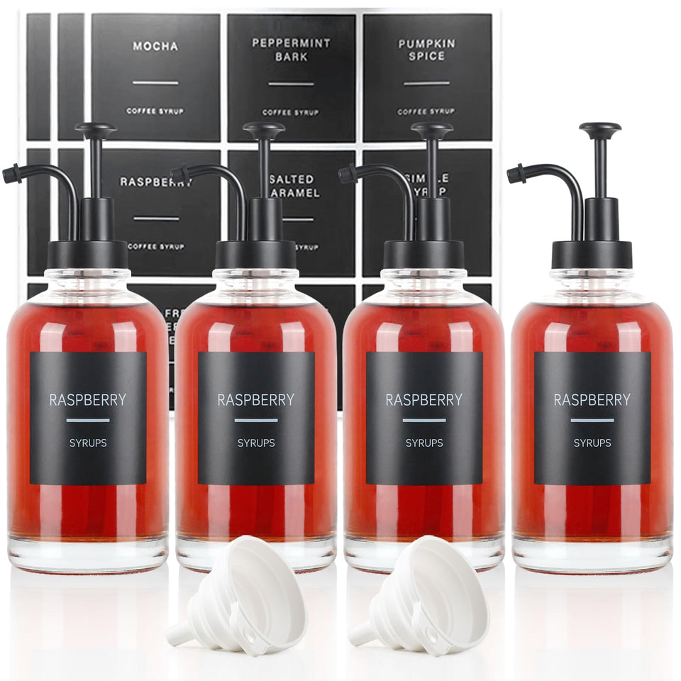 GYOSUGANG four glass syrup bottles with precise pours for coffee bars