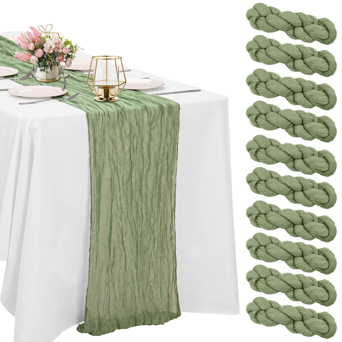 HAISIWLKJ sage green cheesecloth table runner on a long rustic wedding table