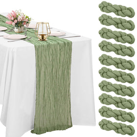 HAISIWLKJ sage green cheesecloth table runner on a long rustic wedding table