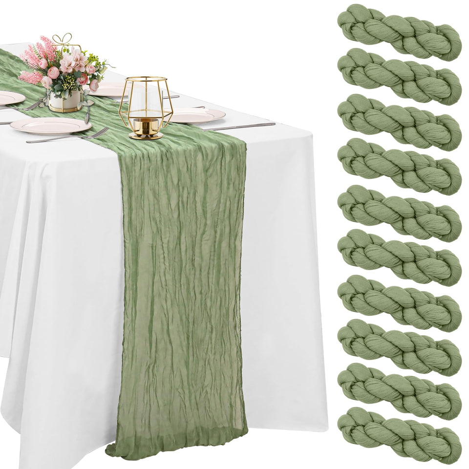 HAISIWLKJ sage green cheesecloth table runner on a long rustic wedding table