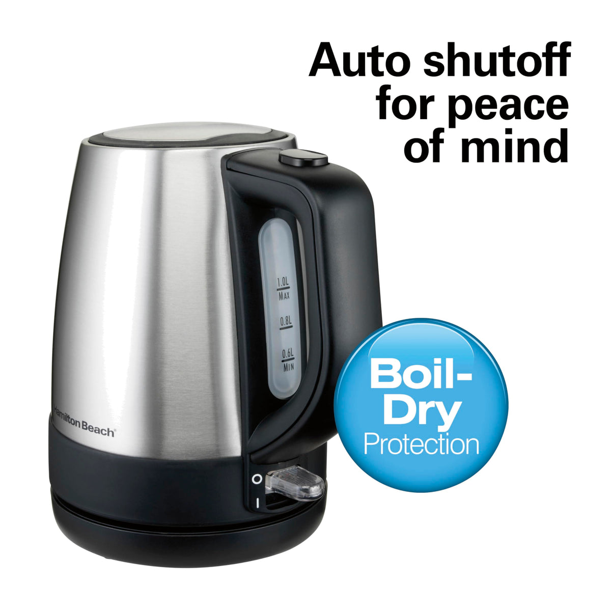 Hamilton Beach kettle auto-shutoff with boil-dry protection for safe heating.