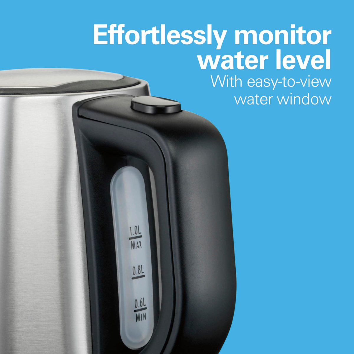 Hamilton Beach kettle shows concealed heating element for clean, safe operation.