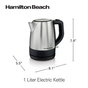 Hamilton Beach 1L kettle boiling water for tea, soups, or hot chocolate.