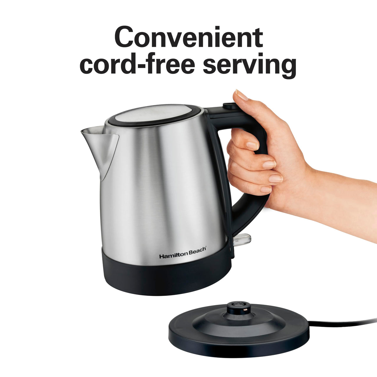 Hamilton Beach kettle with removable mesh filter and easy-pour spout.