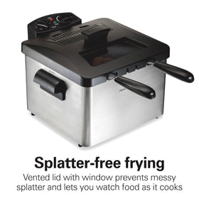 Hamilton Beach deep fryer vented lid and view window for splatter-free cooking.