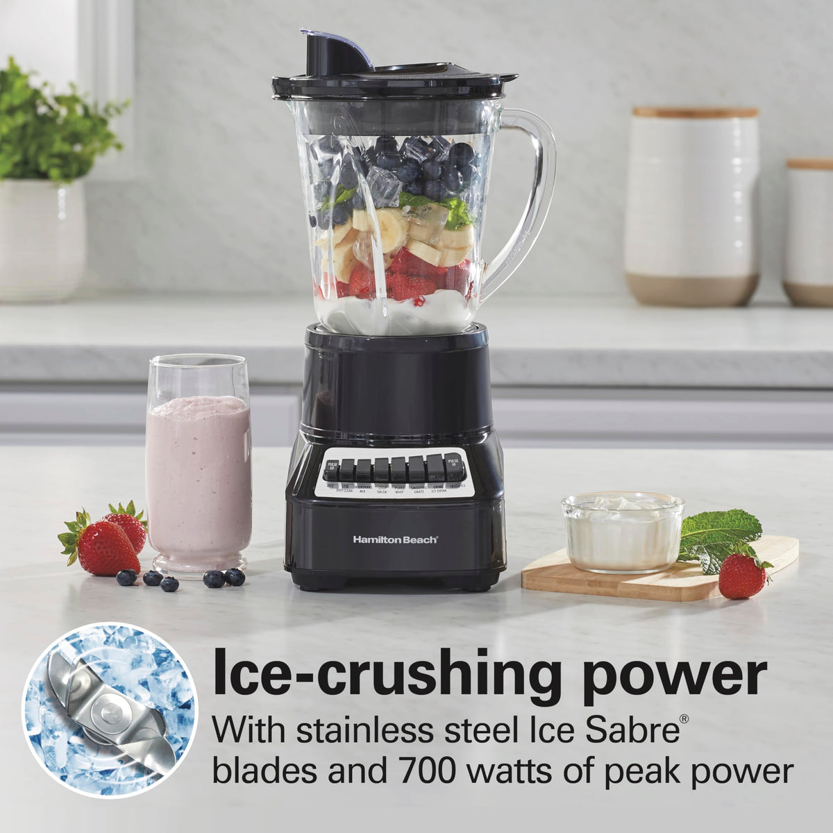 Hamilton Beach Wave Crusher control panel highlighting 14 functions for versatile blending options.