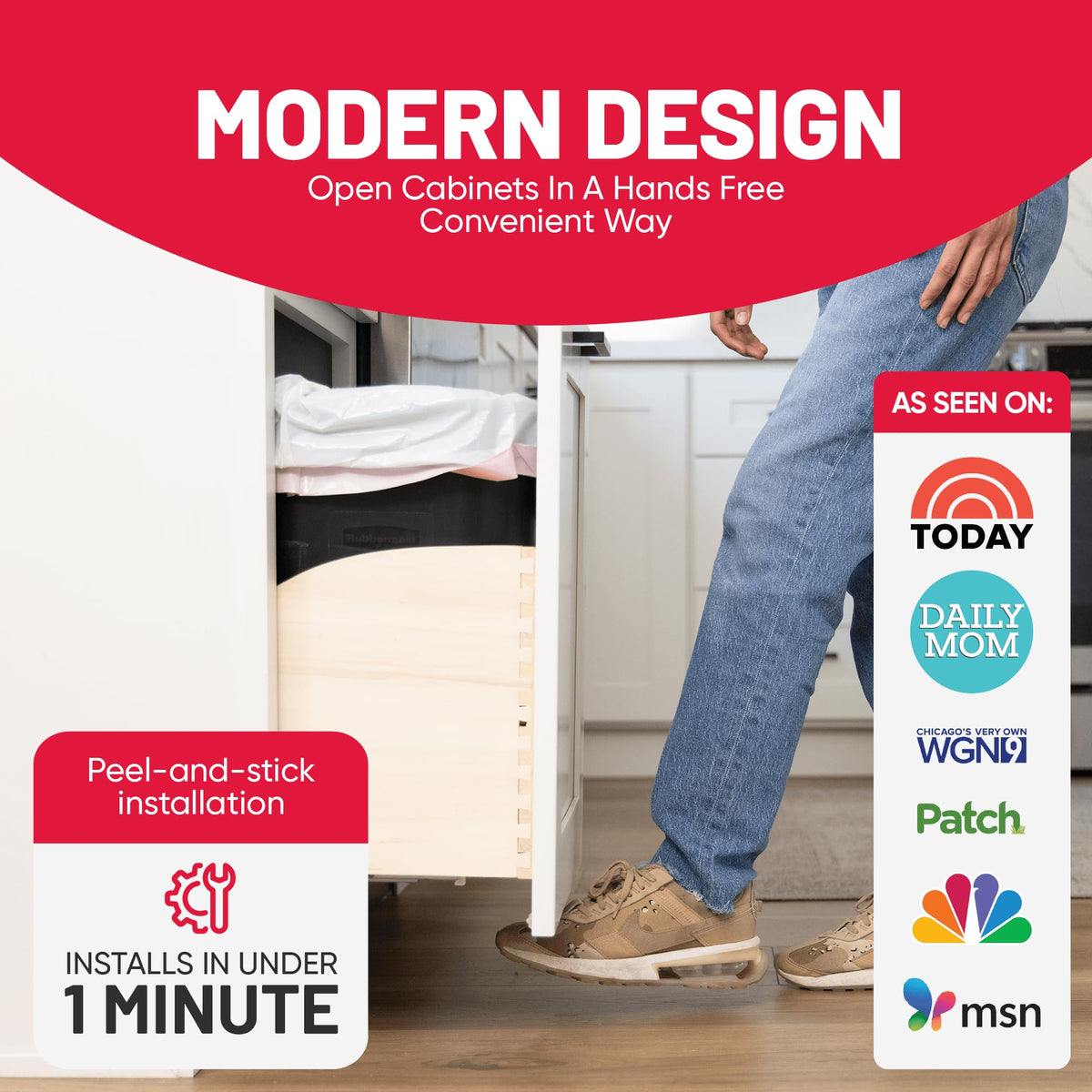 The Handless Handle in use demonstrates foot-pull operation for cleaner hands.