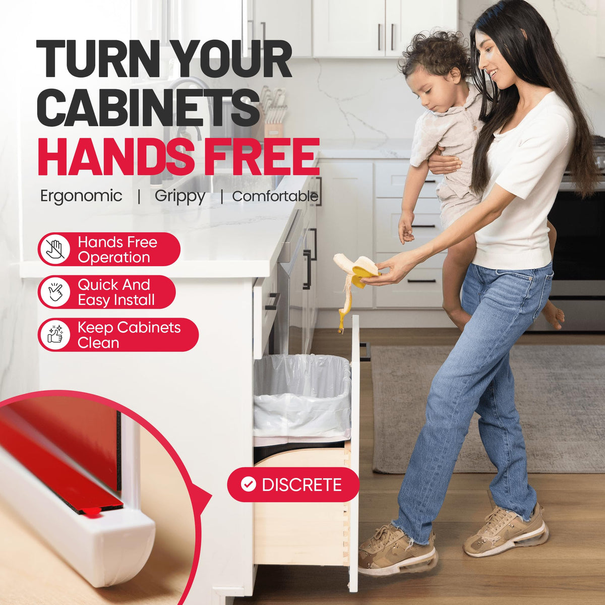 The Handless Handle gray top installation shows easy peel-and-stick mounting.