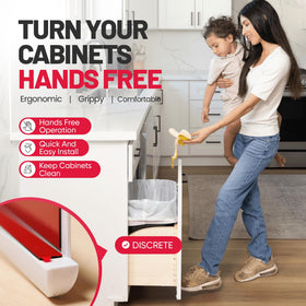 The Handless Handle gray top installation shows easy peel-and-stick mounting.