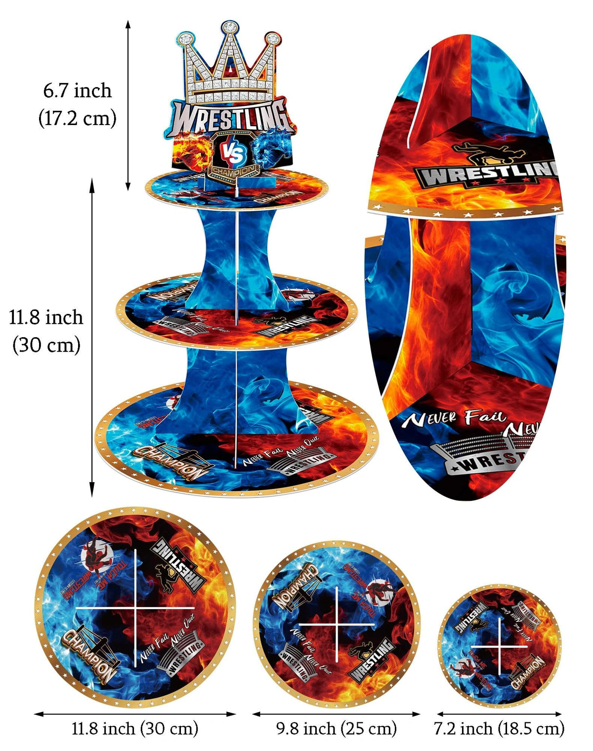 HAPPARTY wrestling-themed display table showcasing desserts with flame graphics