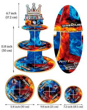 HAPPARTY wrestling-themed display table showcasing desserts with flame graphics
