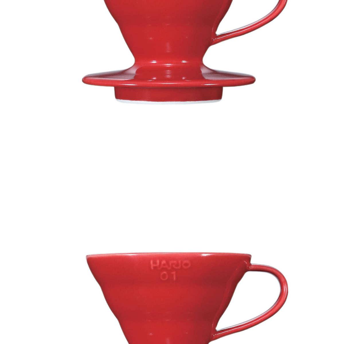 Hario V60 ceramic coffee dripper White, top-down, cone shape supports richer cup with extended contact.