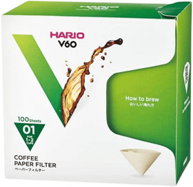 HARIO V60 Size 01 natural filters in box for uniform pours.