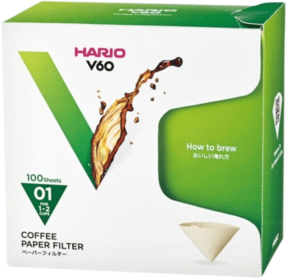 HARIO V60 Size 01 natural filters in box for uniform pours.