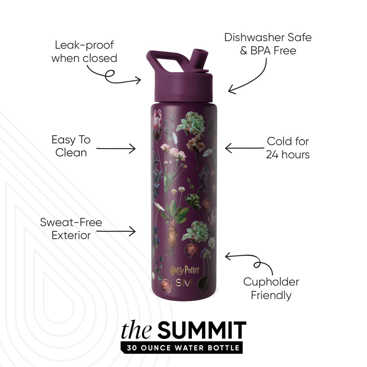 Harry Potter Summit bottle with straw lid and herbology design