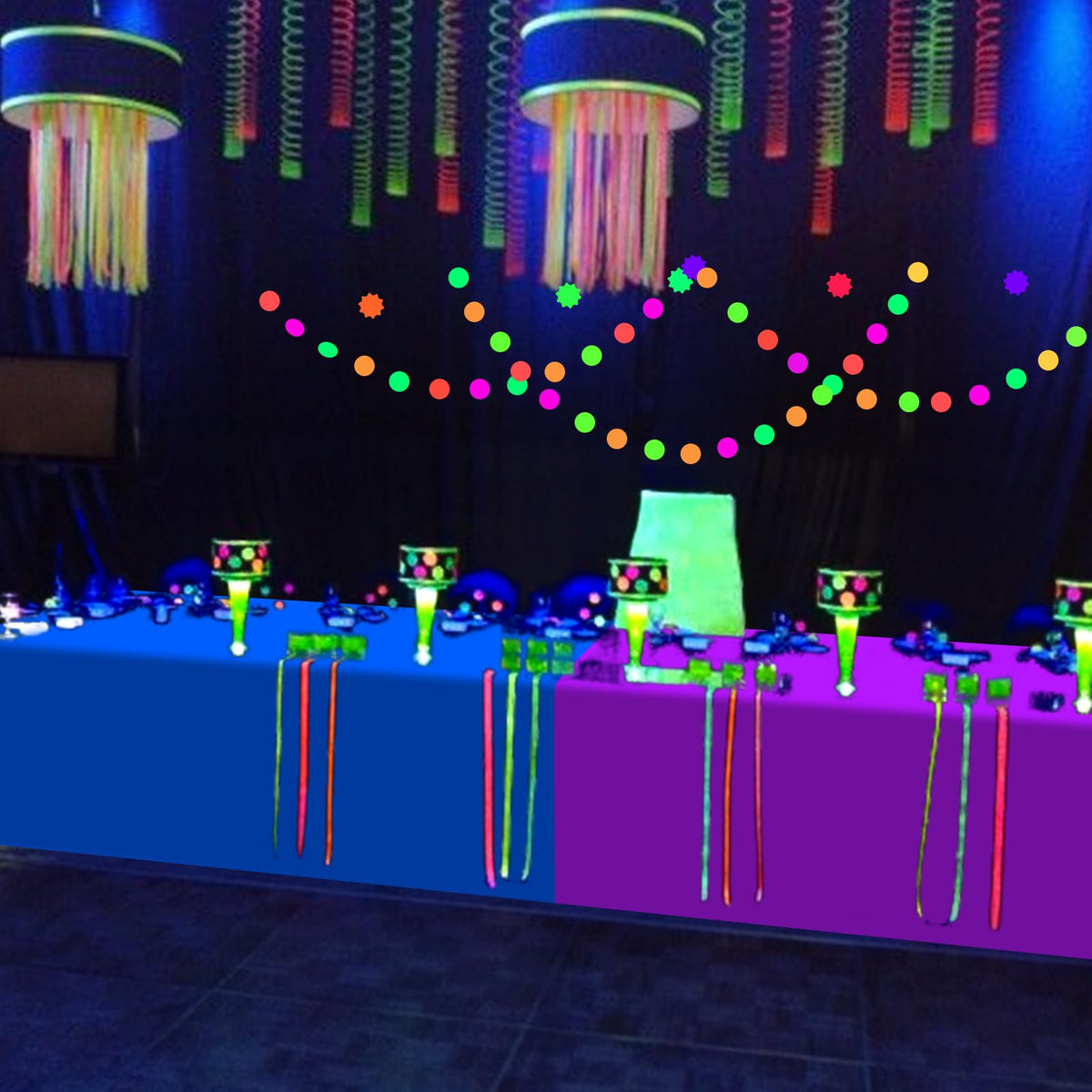Hauwellter neon tablecloth glow under UV blacklight for standout decor.